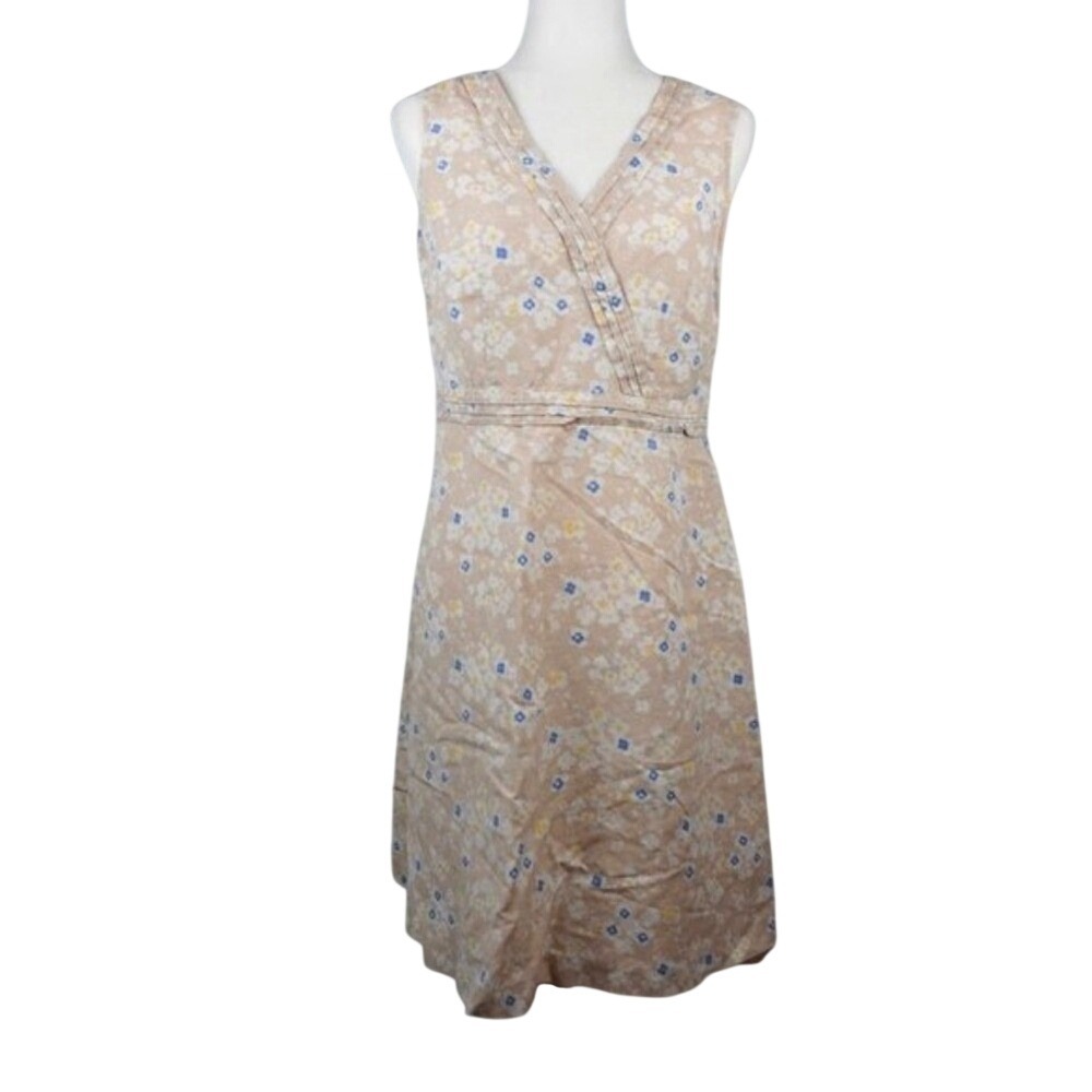 LL Bean Linen Blend Tan Floral Sleeveless V-Neck Midi‎ Dress Size 8